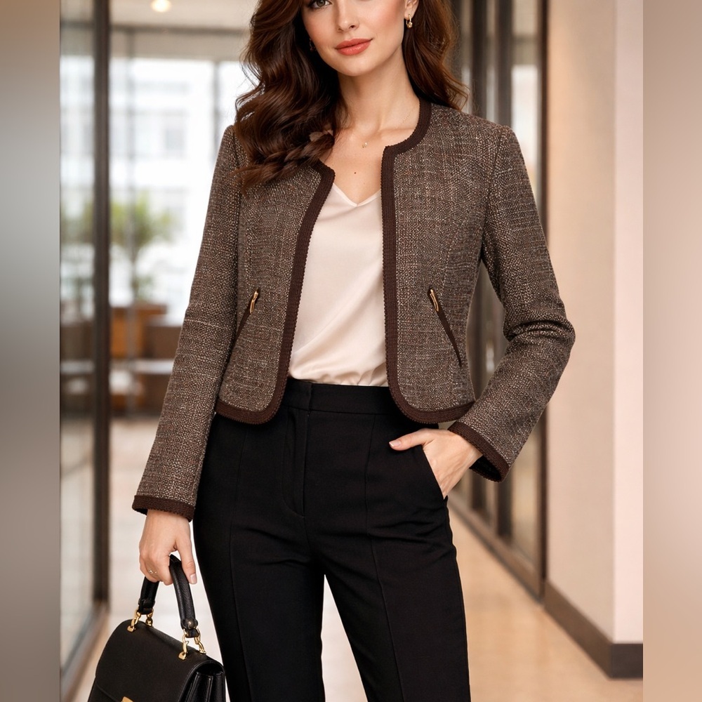 ONE WORLD Brown and Blue Tweed Jacket Pea Coat